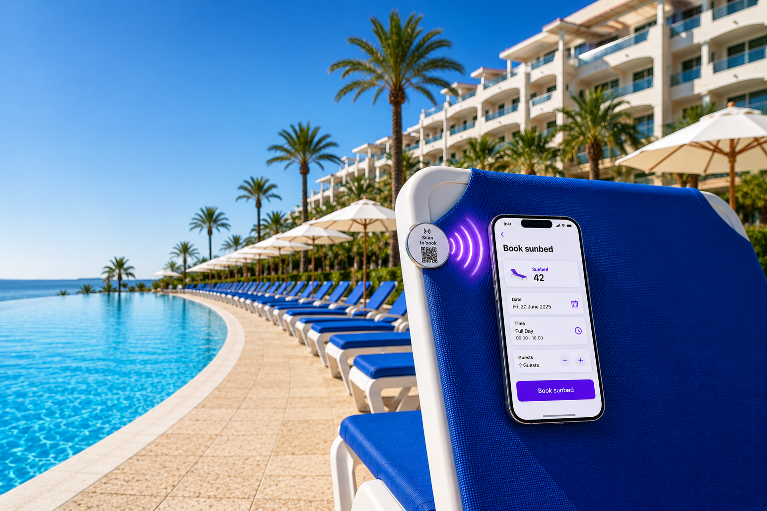 Hotel pool with sunbeds and ReservSpot QR tag
